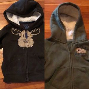 Two zip up sweatshirts green 18m brown 24m